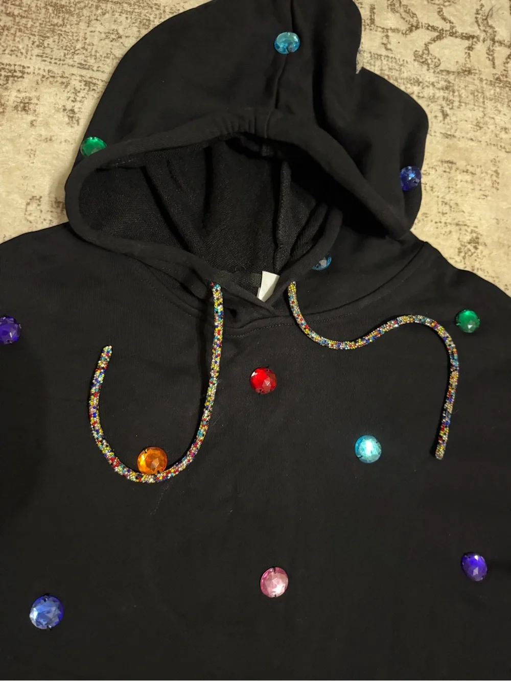 QUEEN OF SPARKLES SET Black Hoodie & Shorts with Multicolor Gems
